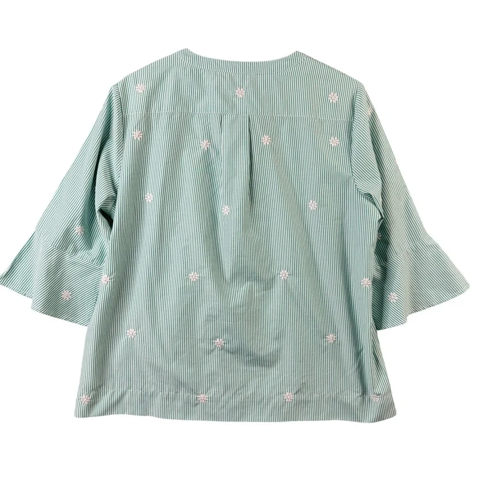 Hobbs London Green White Striped Floral Embroidered Bell Sleeve Blouse US 10 - Picture 2 of 8